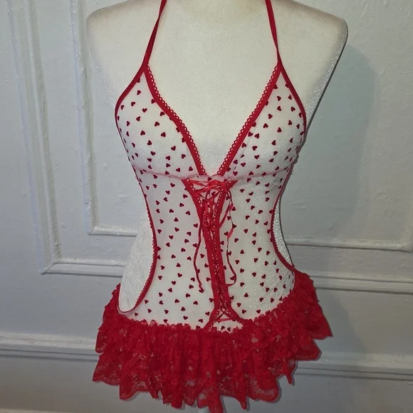 Leg Avenue Red Heart Lace Halter Chemise - Picture 1 of 8